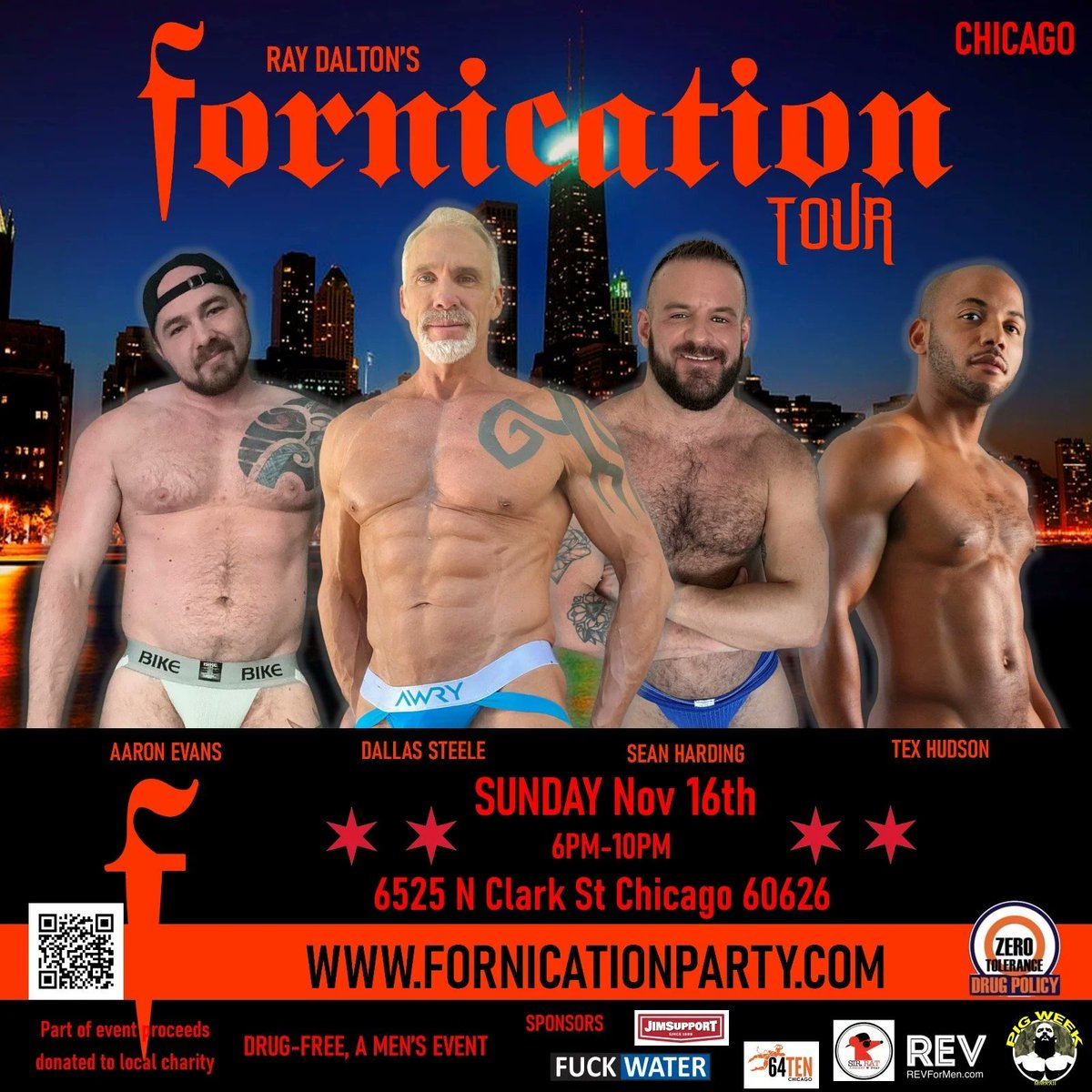 CHICAGO! TONIGHT! Cum meet smoking hot #FornicationMen <a href="/AaronEvansXXX/">Aaron Evans</a> <a href="/DallasSteeleXXX/">Dallas Steele</a> <a href="/ThatSeanHarding/">Sean Harding</a> &amp; <a href="/TexHudsonXXX/">Tex Hudson</a> plus lots of other horned-up guys ready to play! Buy online NOW &amp; save off the price once doors open. fornicationparty.com/chicago-2