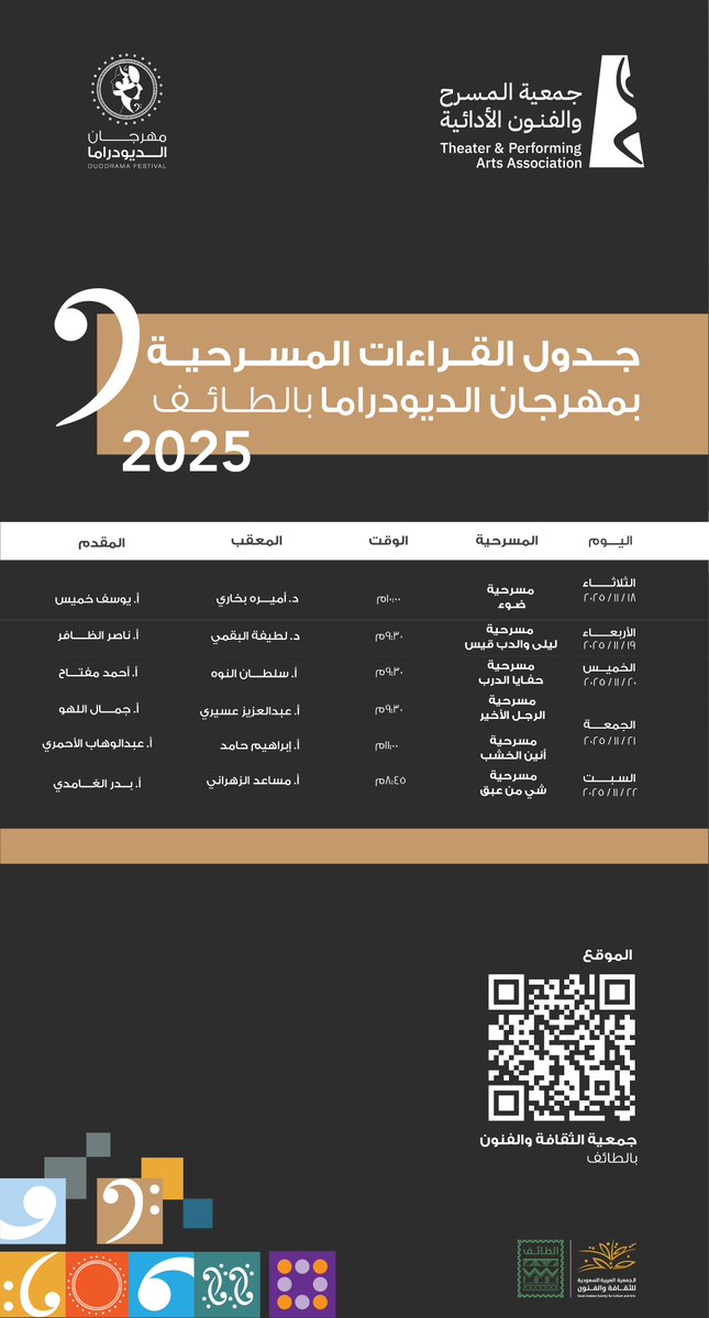 مهرجان الديودراما – الطائف
يفتح أبواب الحوار والنقد عبر جلسات القراءات النقدية التي ترافق العروض المسرحية،
بمشاركة نخبة من النقاد والمفكرين المسرحيين.

جدول القراءات النقدية الآن بين أيديكم 👇

رابط التذاكر العروض :
evento.sa/event-details/… 
#جمعية_المسرح_والفنون_الأدائية