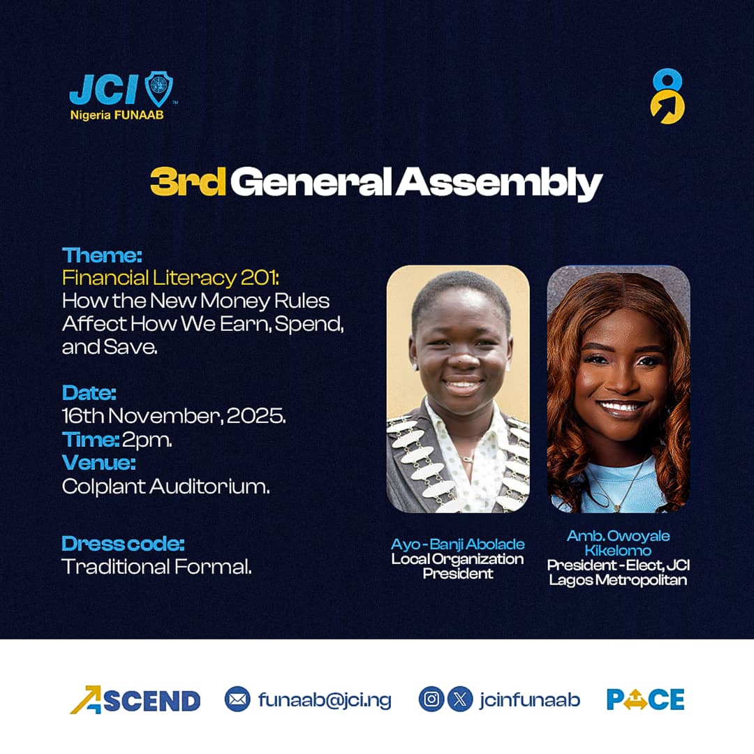 jcinfunaab's tweet image. Money no go manage itself — YOU gats learn am! 

Pull up TODAY for JCINFUNAAB 3rd GA!
Real talk. Real knowledge. Real money strategies.

📍Colplant Auditorium.
⏳2 PM sharp.
Let’s upgrade our money mindset together! 🚀

#GA
#PACE
#ASCEND
#ELV8
#JCINFUNAAB
#JCINigeria