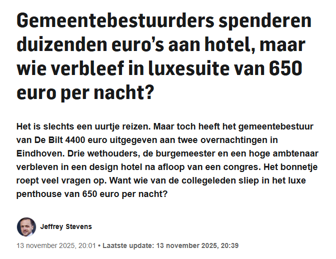 Gemeente De Bilt spendeerde €4400 aan twee hotelnachten in Eindhoven incl. een luxesuite van €650 p/n. Een uurtje reizen, maar wél belastinggeld gebruiken voor penthouse-overnachtingen. 

Pure verspilling en misbruik van publieke middelen.

ad.nl/de-bilt/gemeen…