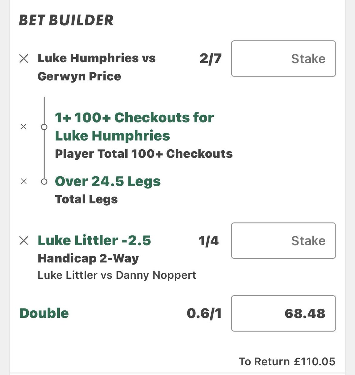 10to7Tipster's tweet image. DARTS £25-£100 BET 3

One bet away from another completed challenge… we do this weekly.

£68.48 ➜ £110.05

#Darts #PDC #DartsTips