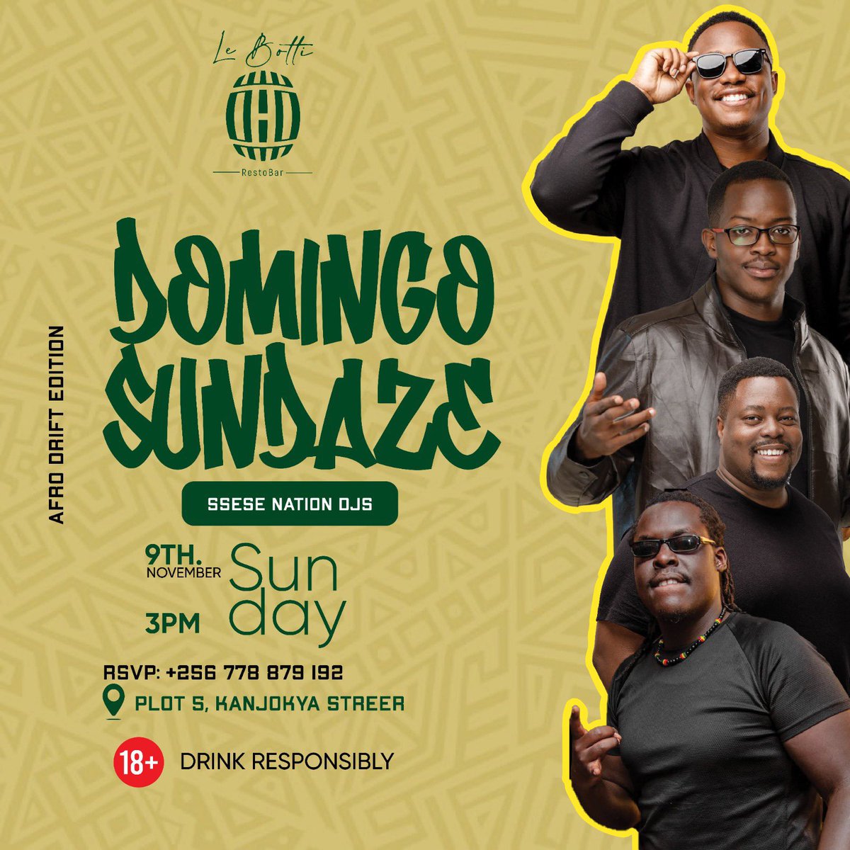 Domingo Sundaze: Afro Drift Edition is on today <a href="/lebottiug/">LE BOTTI UG</a>. Featuring: <a href="/DJ_Ssese/">Uncle DJ</a>, <a href="/deejay_alza/">DJ Alza</a>, <a href="/deejayhandsome_/">Dj Handsome</a>, <a href="/dj_ames_/">Amanda Othembi Sasha🇺🇬</a>, <a href="/__DJKai/">DJ Kai</a>, <a href="/DjEssmatic/">Essmatic</a>, <a href="/djphillsupreme/">Deejay_PhillSupreme</a> &amp; more—non stop electrifying Afro beats &amp; vibes all day long. Drift in!