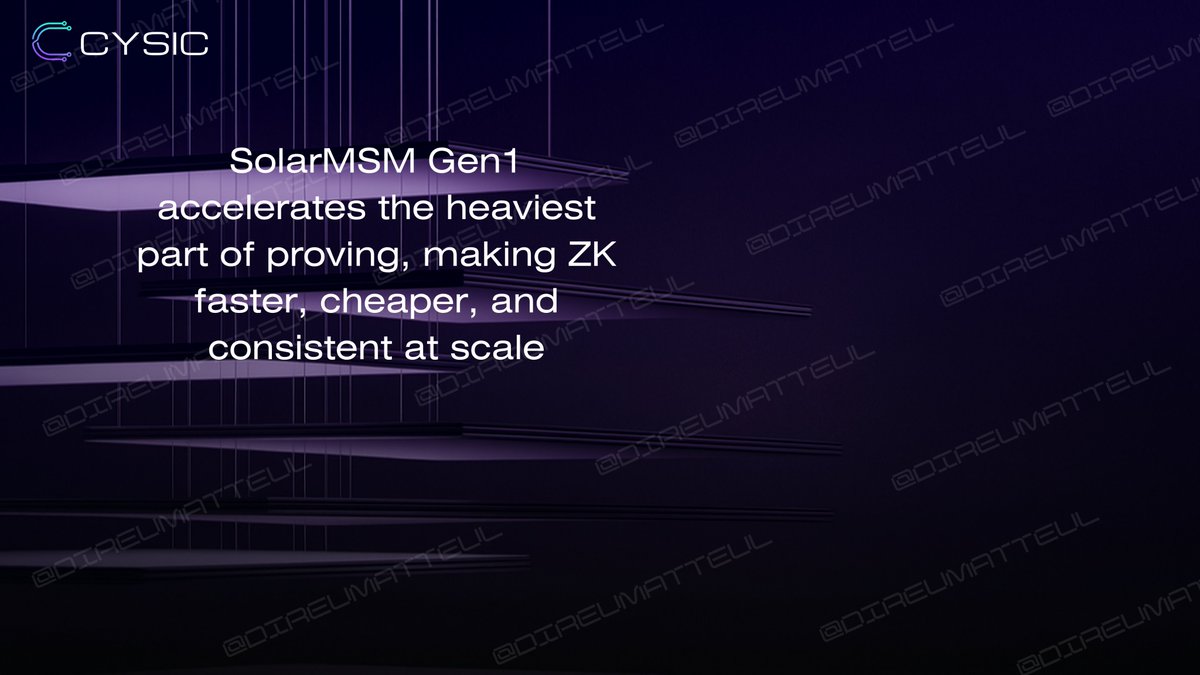 direumatteul's tweet image. The proving bottleneck in ZK systems has always been multi scalar multiplication.

@cysic_xyz changed that with SolarMSM Gen1, a hardware design built purely for proof acceleration.

By combining optimized architecture with real time execution, proofs run faster, cheaper, and…