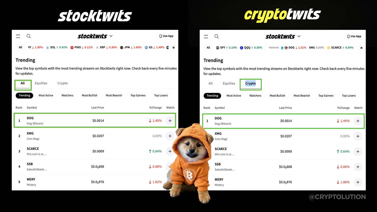 Cryptolution's tweet image. 🚨JUST IN: $DOG is the #1 Trending Asset on @Stocktwits and #1 Trending Crypto on @CryptotwitsHQ 🏆