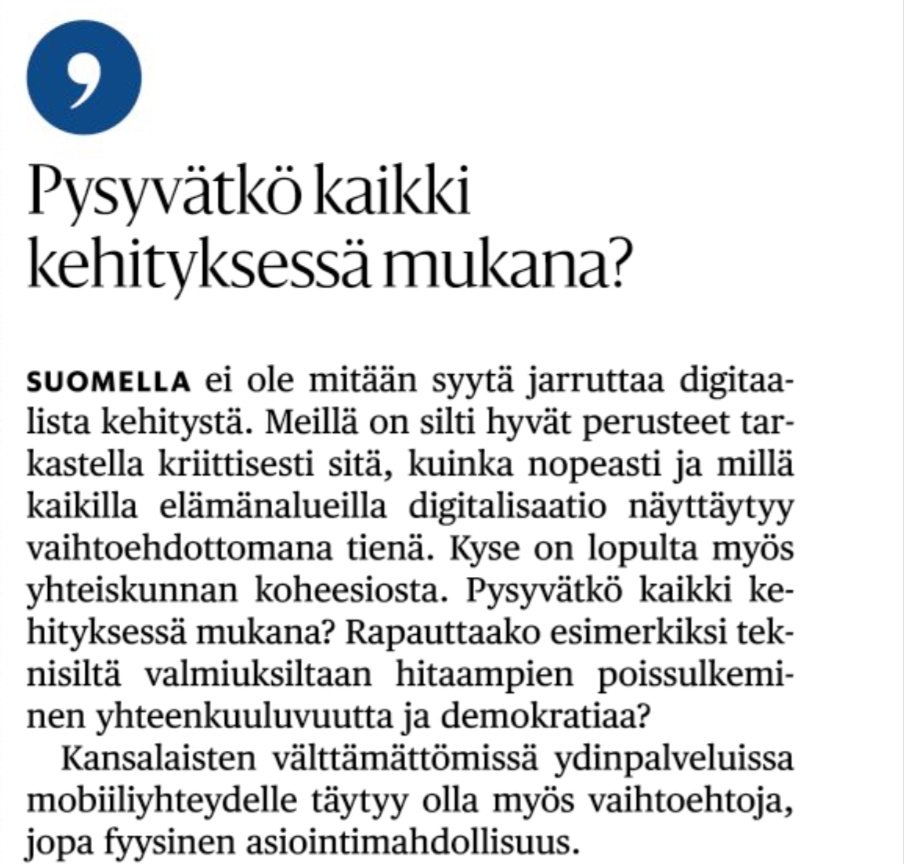 Näiden kysymysten äärellä painiskelemme ikäihmisten digiopastuksissa <a href="/entersenior/">Enter ry</a> -yhdistyksessä lähes päivittäin.

#digitalisaatio #seniorit #vaihtoehdot 

Jääkö digiasioinnille enää vaihtoehtoja? | HS.fi hs.fi/paivanlehti/16…