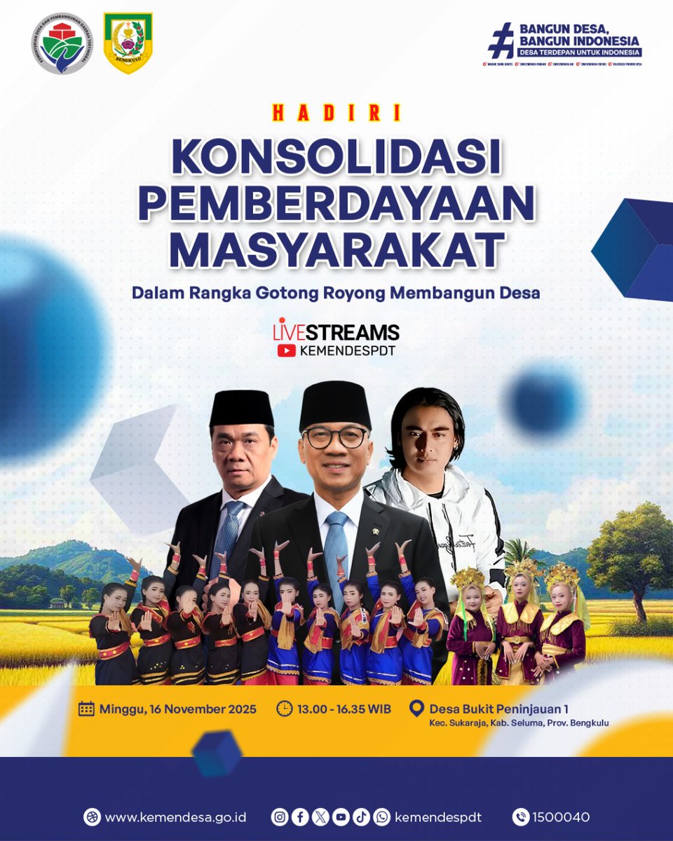 Menteri Desa dan pembangunan daerah tertinggal Bpk.Yandri Susanto, menghadiri acara deklarasi desa bersinar (bersih dari narkoba) dan desa gotong royong di Bengkulu, Minggu 16 Nov 2025
#DesaBersihDariNarkotika
#TerimaKasihYandriSusanto
#SelamatkanDesaDariNarkotika
#DesaBersinar