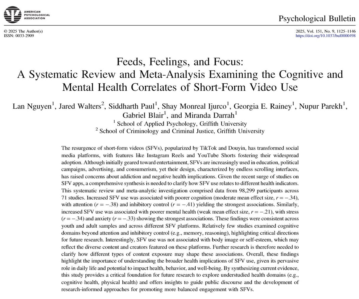 دراسة جديدة على 98 ألف شخص:
————-
المقاطع القصيرة مثل Reels وTikTok ليست بريئة تمامًا…
كثرة مشاهدتها ترتبط بـ:
– ضعف الانتباه
– ضعف السيطرة على الاندفاع
– ارتفاع القلق والاكتئاب
– زيادة التوتر

دماغك يبدأ يطلب “تحفيزًا أسرع”… ويصعب عليه التركيز في أي شيء عميق.
المسألة ليست