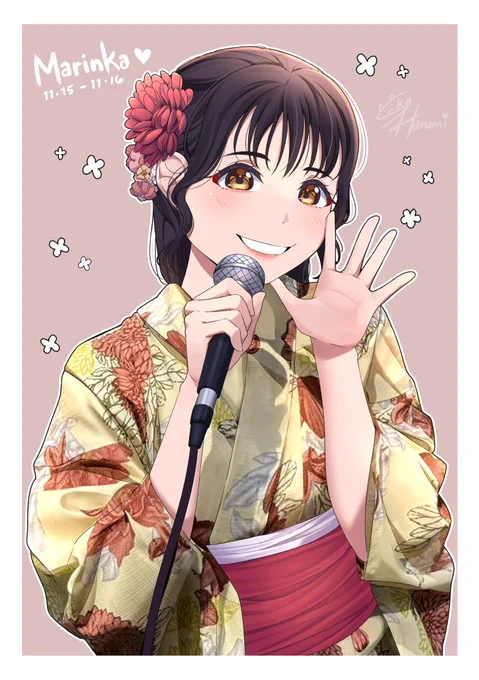 昨日のファンミで描いたまりんかさんの絵を、直接お見せすることができました。 浴衣姿がとても可愛かったです。 昨夜急いで仕上げたので、柄が少し雑になってしまってすみません ステージでのまりんかさんのパフォーマンスは本当に素晴らしくて、たくさんのことを知ることができました。
