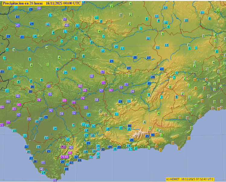 Precipitaciones ayer sábado, localmente intensas en zonas de la mitad occidental de Andalucía. Algunas rachas de viento,localmente muy fuertes