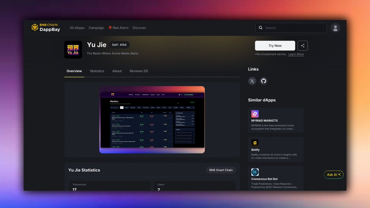 Yu Jie is now officially listed on BNB Chain’s dAppBay! 🚀💛

The Realm Where Anime Meets Alpha is live for everyone to explore.

Check us out 👉 
dappbay.bnbchain.org/detail/yu-jie

#BNBChain #Web3 #AnimeFi #PredictionMarkets