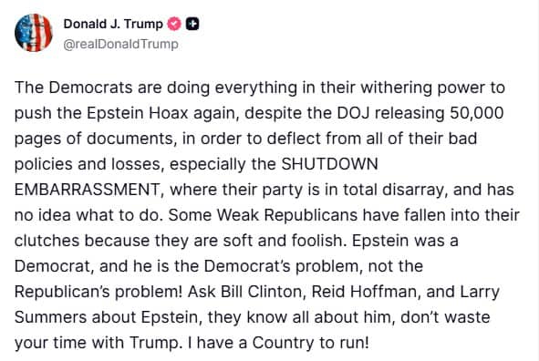 jim_mattie034's tweet image. Trump:

Epstein was a Democrat, and he is the Democrat’s problem, not the Republican’s problem!