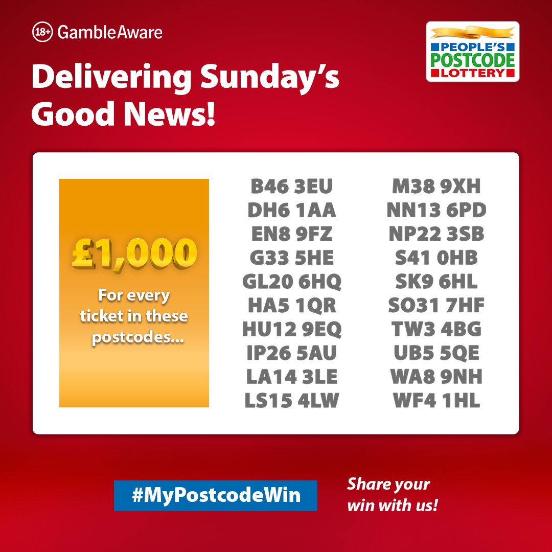 PostcodeLottery's tweet image. Sunday reset? Not for these lucky #PostcodeLotteryPeople 👇
They’ve just scooped £1000 each in today’s Daily Prize – what a way to finish the week strong 💷