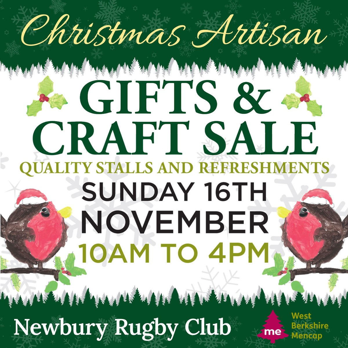 IT'S TODAY
West Berkshire Mencap Christmas Artisan Gifts &amp; Craft Sale TODAY

10am - 4pm

Quality stalls and refreshments 
at Newbury Rugby Club

We look forward to seeing you!

<a href="/NewburyRFC/">Newbury RFC</a> @NewburyRFCYouth
