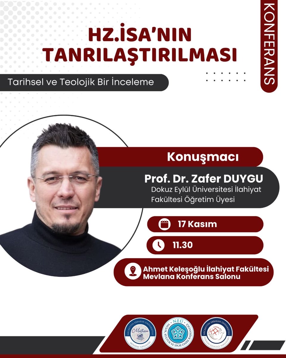 Konyalı dostlar! Allah nasip ederse, yarın 11:30’da Konya’da Necmettin Erbakan Üniversitesi’nde olacağım. Konferansa katılım serbest ve ücretsizdir. İnşallah görüşmek dileğiyle…