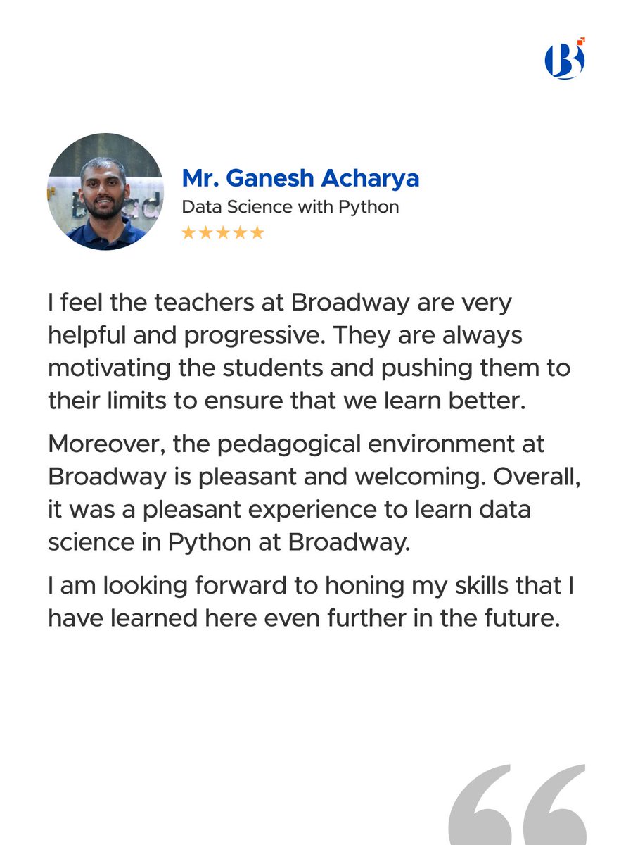 broadwayinfosys's tweet image. Hear what our students have to say about their transformative learning journey at Broadway Infosys - where dreams meet skills.
For further insights and to hear more success stories, visit the link for more information: buff.ly/X39gPsC 

#StudentTestimonial