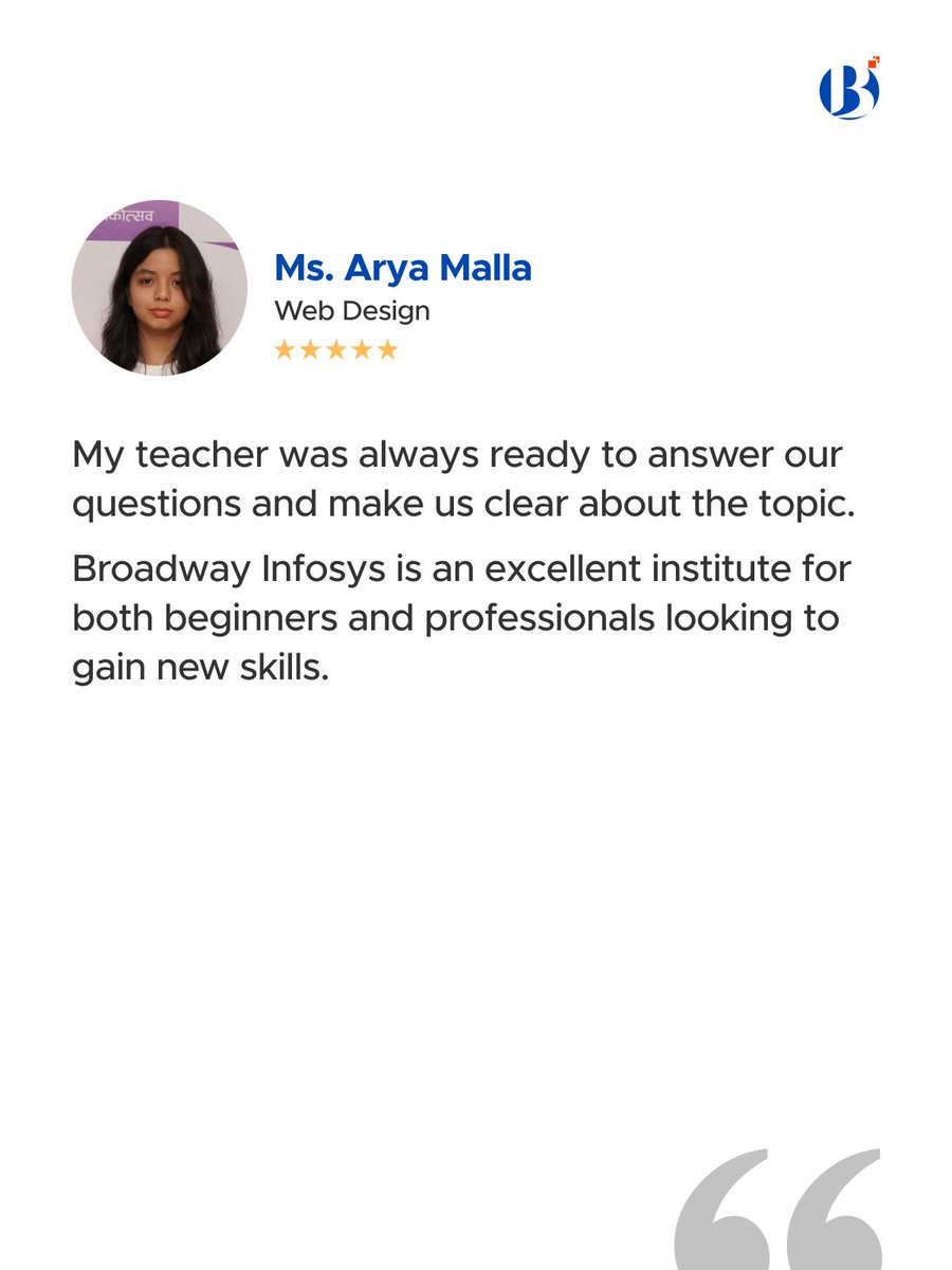 broadwayinfosys's tweet image. Hear what our students have to say about their transformative learning journey at Broadway Infosys - where dreams meet skills.
For further insights and to hear more success stories, visit the link for more information: buff.ly/X39gPsC 

#StudentTestimonial