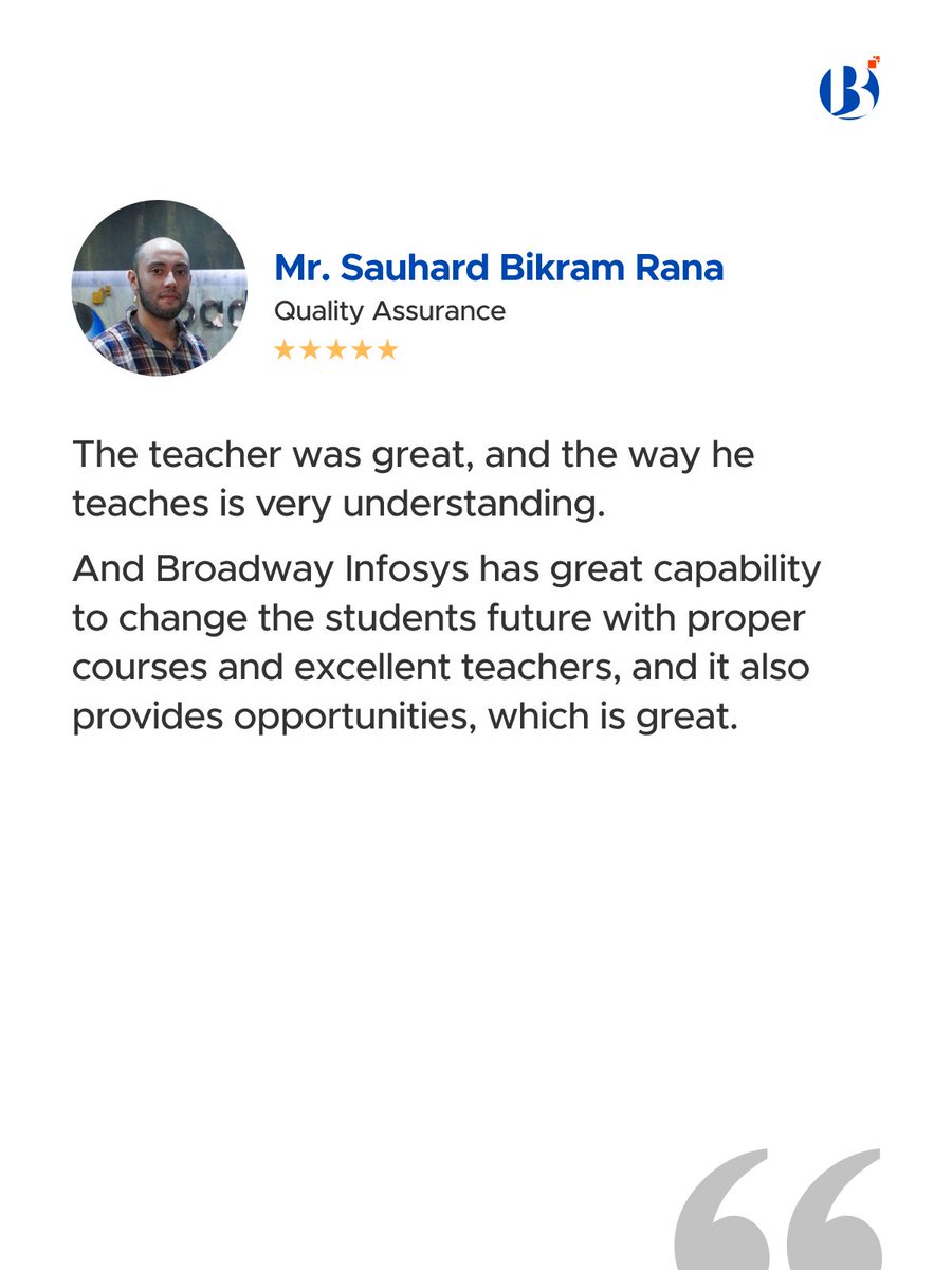 broadwayinfosys's tweet image. Hear what our students have to say about their transformative learning journey at Broadway Infosys - where dreams meet skills.
For further insights and to hear more success stories, visit the link for more information: buff.ly/X39gPsC 

#StudentTestimonial
