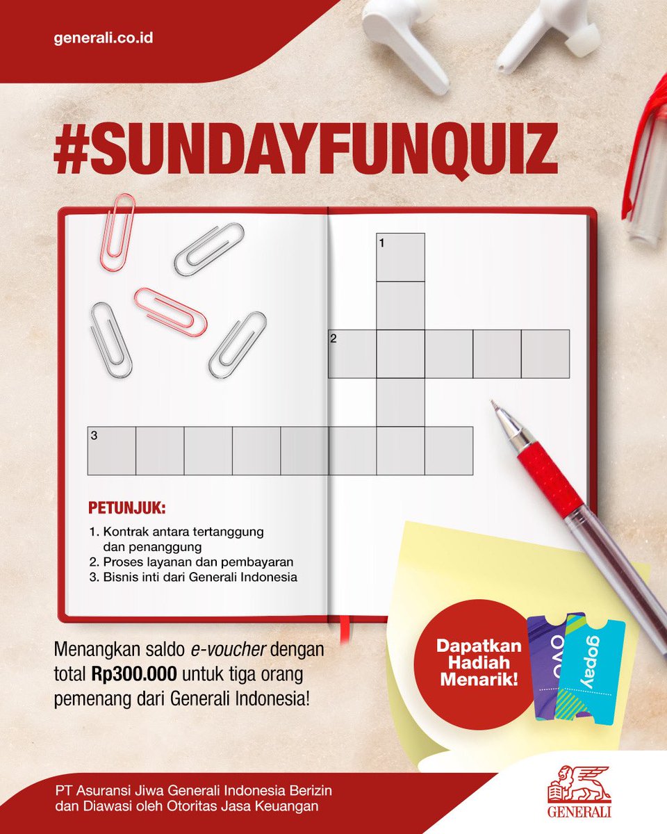 #SUNDAYFUNQUIZ hadir kembali untuk menemani Generali Friends di akhir pekan! Yuk, coba isi teka-teki ini dengan jawaban yang tepat sesuai petunjuk dan menangkan hadiahnya! 🥳