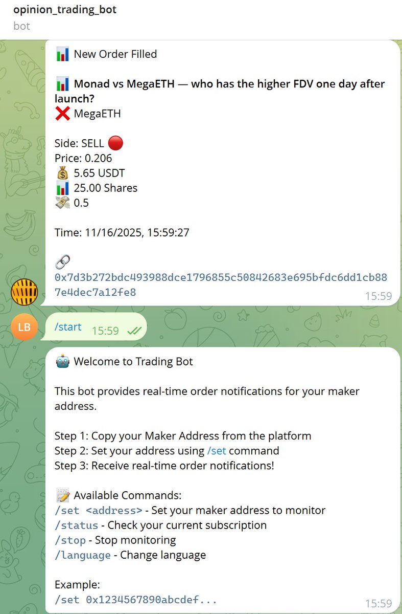 0xdizz's tweet image. build a order nofity bot for opinion. 
随时随地用手机查看你的 @opinionlabsxyz 订单, 只需填入地址即可监控账户成交情况
t.me/opinion_tradin…
更多功能持续开发中 @ForrestOLAB