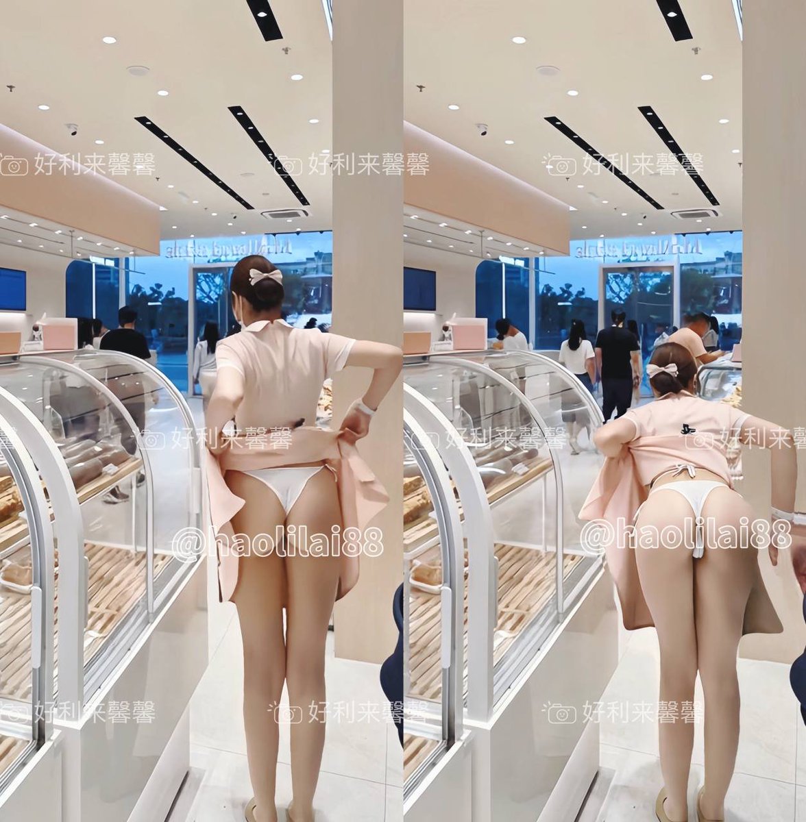 在好利来的柜台前，我把性感露出玩出了新花样～
 
今天有粉丝特意来店里捉我，还大胆邀我在柜台前拍了组露出照，给他激动到不行，我却觉得这刺激的瞬间让我更性奋呢，看了这组柜台前性感露出有让你们想冲过来找我买蛋糕的冲动么？

评论区说说，你们敢不敢也来店里找我解锁同款露出刺激～