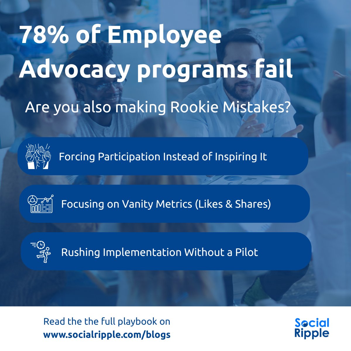 SocialRippleai's tweet photo. 78% of Employee Advocacy Programs fail. 
Are you also making Rookie Mistakes?

1. Forcing Participation Instead of Inspiring It
2. Focusing on Vanity Metrics
3. Rushing Implementation Without a Pilot https://t.co/Tzog8whmy9