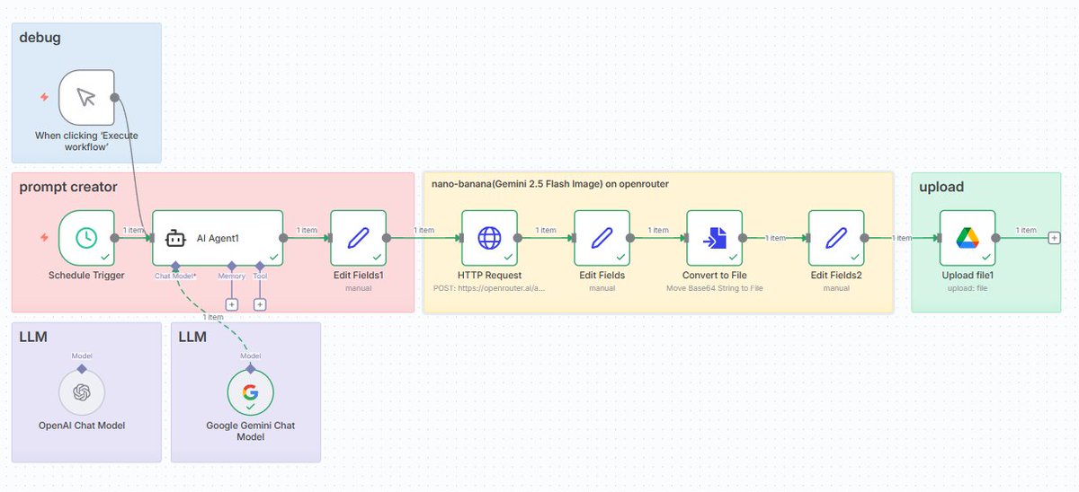 0xkoji's tweet image. Generate an image with #nanobanana and upload the generated image to #googledrive
#n8n @OpenRouterAI #gemini