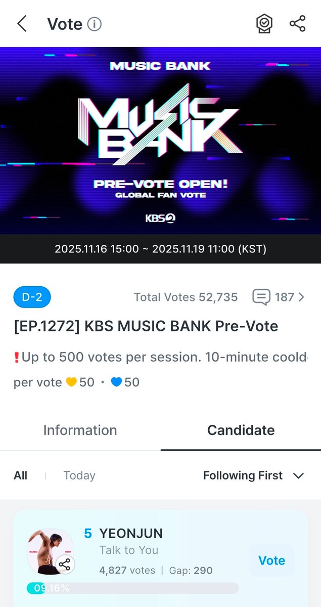 txtvotingcrew's tweet image. MUSIC BANK pre-voting is now open 📢

🗳 Vote for #TalktoYou on FANCAST
— 1 vote = 50 💛/💙
— You can vote 500 times per voting session
— Wait for the last day to drop majority of your votes

Vote here 👉 fancast.go.link/eWFef
🎯 No.1
🗓 Nov 16 at 3PM KST to Nov 19 at 11AM KST…