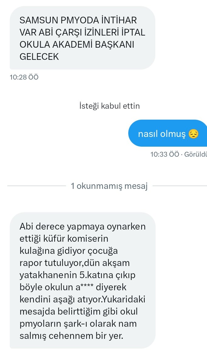 SAMSUN POLİS OKULUNDAN MAALESEF İNTİHAR HABERİ GELDİ...😔

Polis okullarındaki mobbing, baskı ve zorbalık yıllardır görmezden geliniyor...

Sonra da çıkıp intiharlar neden artıyor diye sahte bir şaşkınlık sergiliyorlar...

Bu yapılanın adı disiplin değil, düpedüz psikolojik