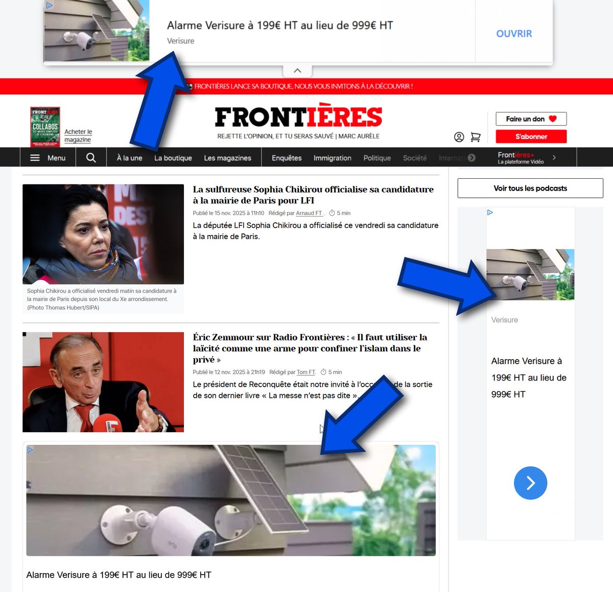 🫣 Bonjour <a href="/VerisureFrance/">Verisure France</a>,
Vos pubs 👇 illustrent (et donc financent) le site #Frontieresmedia.fr, qui déroule sa propagande identitaire immonde et son intolérance OKLM.

Si ce placement ne vous convient pas il vous suffit d'exclure ce site de votre display.
#opFrontières