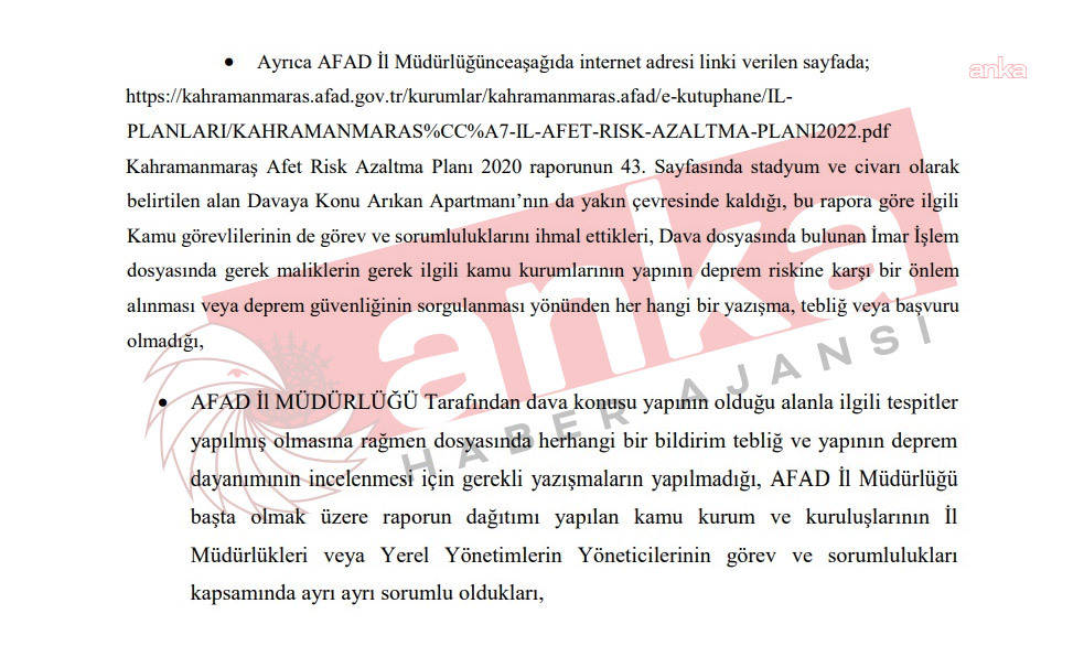 📢 6 Şubat deprem davalarında bir ilk: AFAD, kamu kurumları ve yerel yönetimlere sorumluluk atfedildi

Kahramanmaraş merkezli 6 Şubat depremlerine ilişkin davalarda bir ilk yaşandı. Kahramanmaraş'ta 112 kişinin yaşamını yitirdiği Arıkan Sitesi'ne ilişkin bilirkişi raporu dava