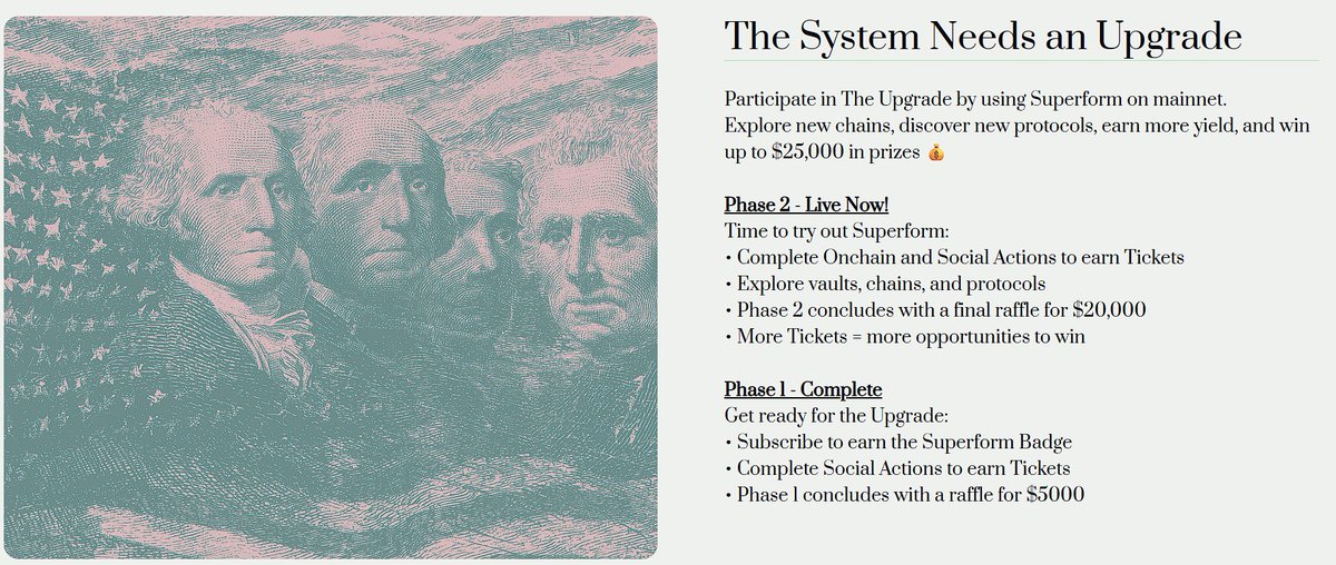 Zephyroxweb3's tweet image. quick update on superform!
@superformxyz just launched the upgrade campaign, and Phase 2 is now live.

a few things I think matter here,

1⃣ simple incentive model
you earn tickets through onchain actions, social tasks, and weekly activity. all tickets feed into a $20K raffle at…
