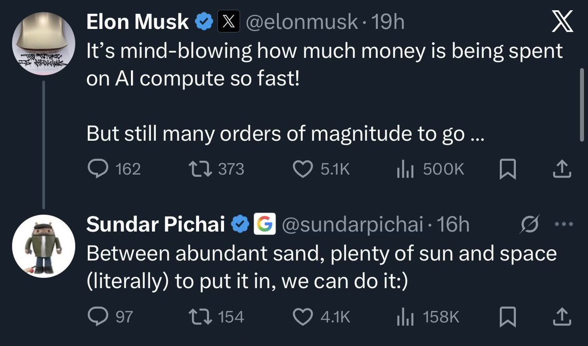 pramod_bhutra's tweet image. AI a bubble? Think again! 
Elon Musk marvels at the mind-blowing AI compute spend, with &quot;orders of magnitude to go,&quot; while Sundar Pichai highlights abundant sand, sun &amp;amp; space to scale. Untapped potential or next big boom? 
@Sectorsignals 
#AI #India #netwebtech #solar #websol