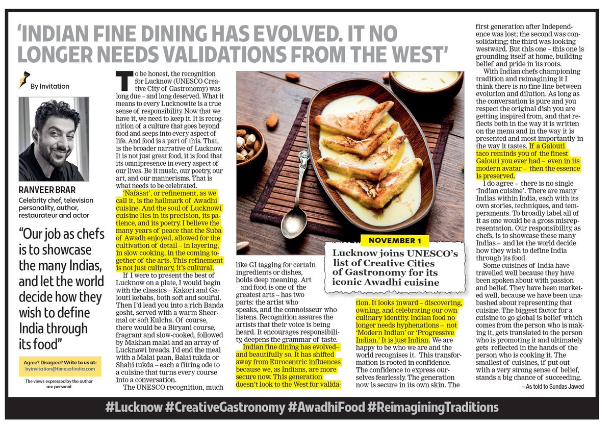 Calcutta_Times's tweet photo. #ByInvitation: Celebrity chef Ranveer Brar reflects on how Indian fine dining has come into its own-rooted in confidence, cultural depth, and a refusal to seek Western validation
#Lucknow #CreativeGastronomy #AwadhiFood #ReimaginingTraditions https://t.co/7xEWGehO2v