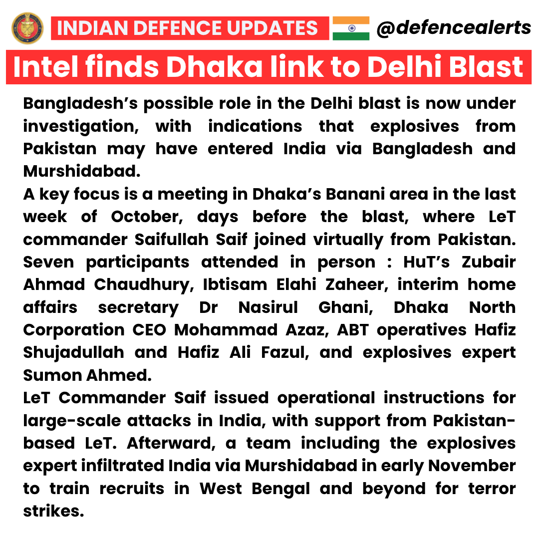 🔴BIG Development : #Bangladesh’s possible role in the #Delhi Terror Attack is now under investigation, with indications that explosives from #Pakistan may have entered India via Bangladesh and Murshidabad.
A key focus is a meeting in Dhaka’s Banani area in the last week of