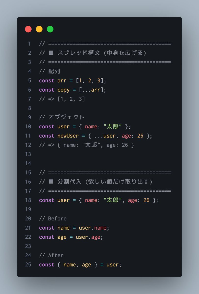 hirataro_89's tweet photo. 【JSちょっと詳しくなりたい人へ】
まずはこの5つだけ覚えてみて▼

✅️アロー関数（=>）
関数を短く書ける記号

// 普通の書き方
function add(a, b) {
  return a + b;
}

// アロー関数
const add = (a, b) => a + b;

やってることは基本同じで
書き方が短いだけ

Reactでもほぼ全部これ使ってる

✅️map
配列から
「1つずつ取り出す」
というイメージ

const nums = [1, 2, 3];
const doubled = https://t.co/KW1HjjqGA6(n => n * 2);
→ [2, 4, 6]

1つずつ取り出して、
処理して、新しい配列にする

for文より読みやすい！

✅️filter
配列から
「条件に合うもの」
だけを残す

const nums = [1, 2, 3, 4];
const even = nums.filter(n => n % 2 === 0);
→ [2, 4]

1つずつチェックして
条件に合うやつだけ残す
絞り込みとかに便利

✅️スプレッド構文（...）
配列やオブジェクトを
「中身だけ取り出して広げる」

配列のコピー：
const arr = [1, 2, 3];
const copy = [...arr];
→ copy = [1, 2, 3]

オブジェクトに追加：
const user = { name: "太郎" };
const newUser = { ...user, age: 26 };
→ newUser = { name: "太郎", age: 26 }

React書くと毎日使うレベル

✅️分割代入
オブジェクトや配列から
「欲しい値だけ」取り出す

// 普通の書き方
const user = { name: "太郎", age: 26 };
const name = https://t.co/IZ5M6pI2Pv;
const age = user.age;

// 分割代入
const { name, age } = user;

1行で済むから
コードが一気に読みやすくなる

この5つを知れば、
「JSちょっとできる人」の仲間入り🙌

1つずつ覚えていきましょ^^