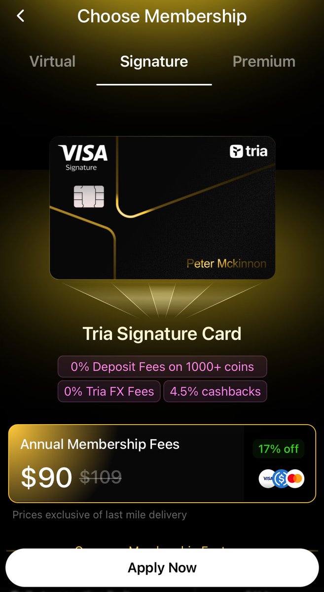 ramdtypu's tweet photo. I personally use Tria for daily needs, for buying a food, a coffee, or even as my payment method in local marketplace.

Am i get the cashback? YES, but only 1.5% cashback. Why not 6% like Kong said on his post? Because in every type card, your cashback is depend with a card you hold.

> Virtual card 1.5% cashback
> Signature 4.5% cashback
> Premium 6% cashback

And in my own opinion @useTria is similar like e-wallet, who can integrate our digital assets (Bitcoin, Ethereum, Solana, Usdt) and other to real life. So it mean, you can buy anything with those coin you hold. Tria was integrate it with their own tech.

Cool, right? :)