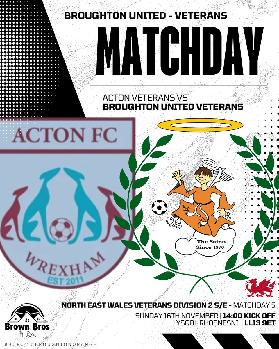 ⚽️ | Two more games scheduled for this afternoon🔜

Both teams are on the road - the Under 19's visit Rhos Aelwyd whilst the Veterans face Acton👊

All support is massively appreciated as always🫡

#BUFC⚽️ | #BroughtonOrange🟠