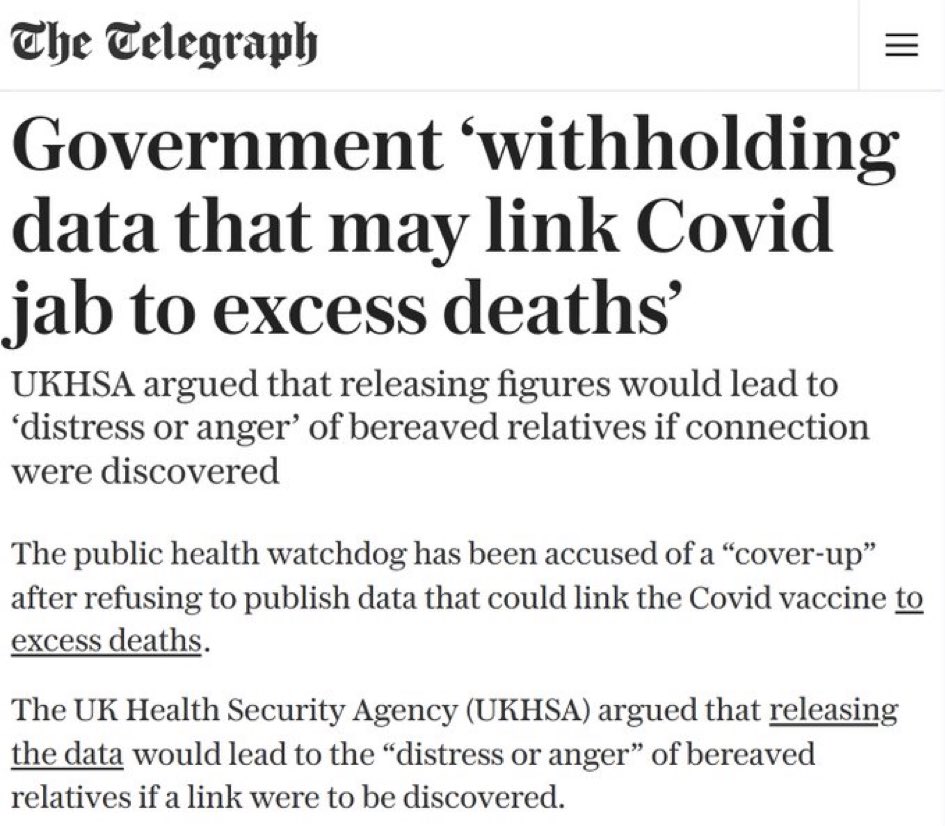 ladyonorato's tweet photo. The Telegraph: Il governo britannico "nasconde i dati che potrebbero collegare il vaccino anti-Covid all'eccesso di decessi" in quanto ciò provocherebbe "angoscia o rabbia".
Nessuna sorpresa: lo stesso ha fatto l’EMA fino ad oggi. https://t.co/6czL3LJmaM