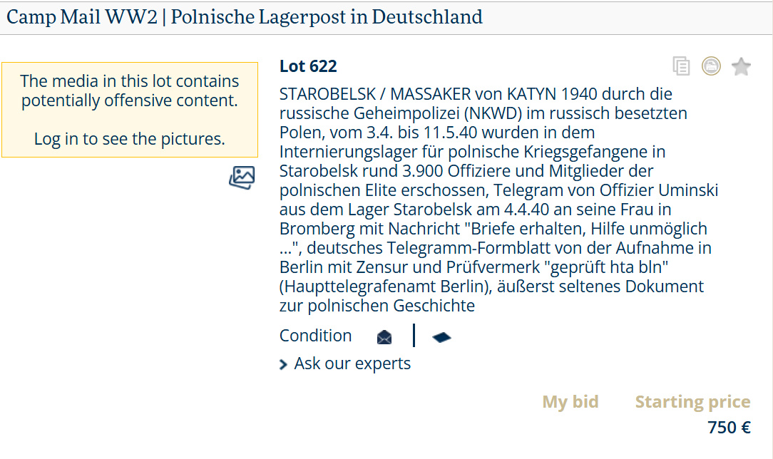 PawelSokala's tweet image. 🇩🇪 Germany. Today. Broad daylight. 

Auction houses openly trading in personal belongings of Polish prisoners of German  and Russian camps. Like Auschwitz. Or Starobielsk.

Here 👇 a telegram sent by a Katyń victim to his wife before he was shot. Only €750.

The absolute rot...