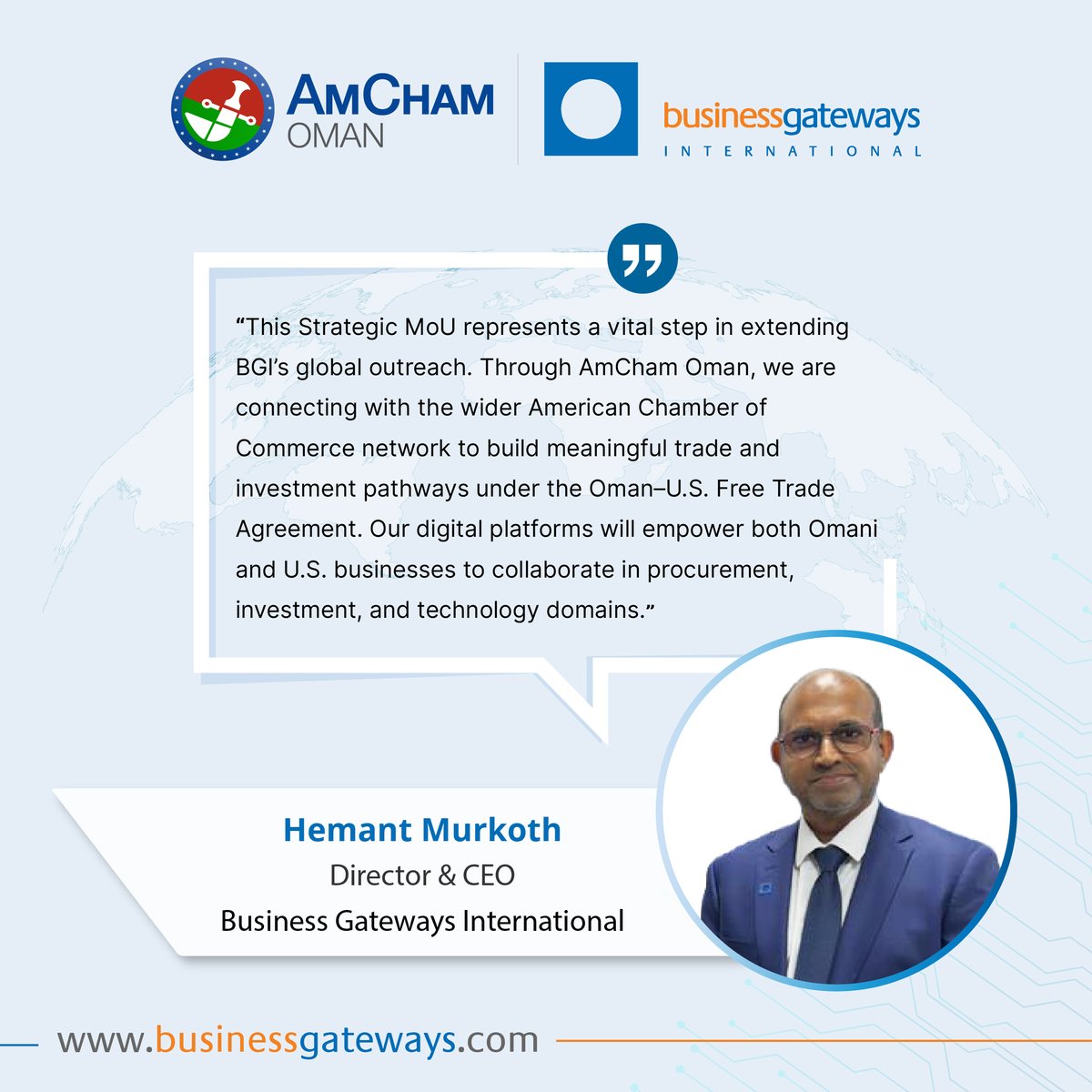 bgi_india's tweet image. Business Gateways International (BGI) and @AmChamOman Sign Strategic MoU  on 11 November 2025 to Strengthen Oman–U.S. Business Connectivity.

Know more: lnkd.in/gJTt4wJs

#BusinessGateways #AmChamOman #OmanUSA #JSRS #TradePartnership #GlobalEngagement #OABC