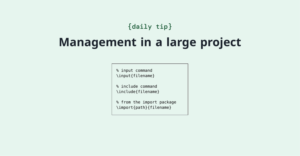 overleaf's tweet image. It&apos;s sometimes tricky to manage a large project (such as your thesis or book)! We&apos;ve compiled some tips on how to keep your document organized. overleaf.com/learn/latex/Ma…