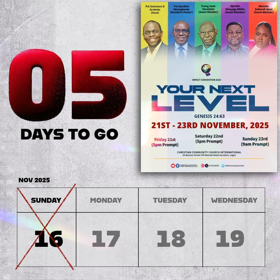 CCCILagos's tweet image. 5️⃣ DAYS TO GO!!

🥳🥳🥳🥳🥳🥳🥳
Nothing, no one can stop us now. 
Your Next Level Convention is here!

#CCCILagos #convention #yournextlevel