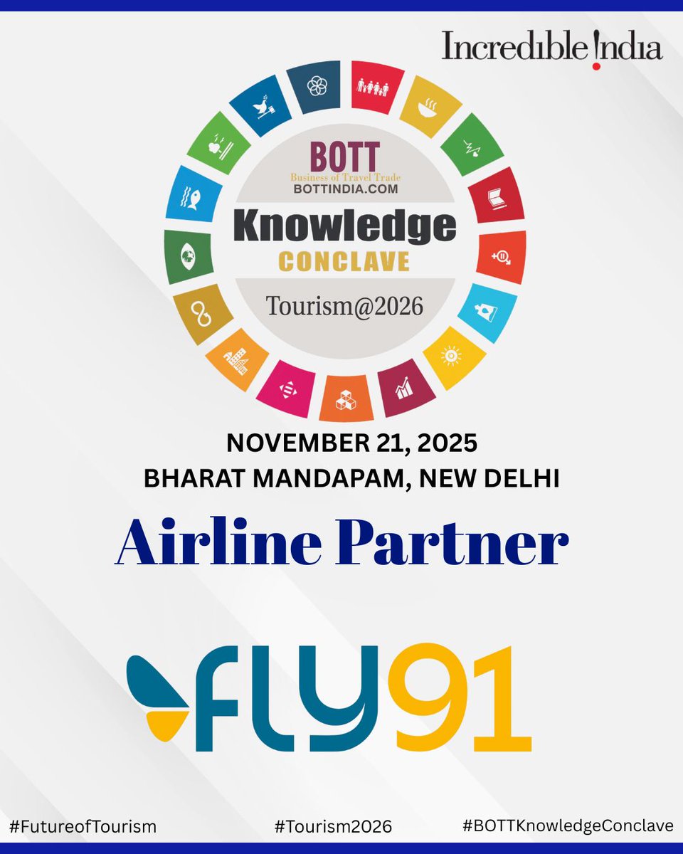 We are delighted to welcome Fly91 as the Airline Partner for the BOTT Knowledge Conclave – Tourism@2026!

Join us on November 21, 2025, at Bharat Mandapam, New Delhi, as industry leaders, innovators, and experts come together to shape the future of tourism.