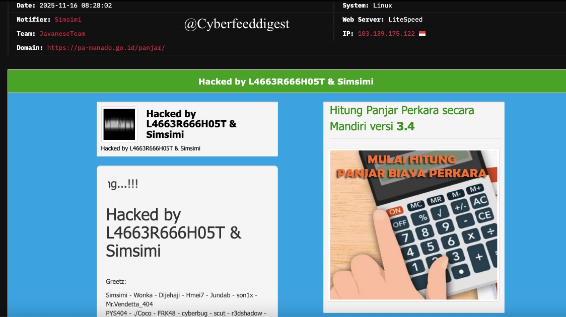 cyberfeeddigest's tweet image. 🚨 #Indonesian Gov Site #Defaced — JavaneseTeam Claims Hit

A governmental website of #Indonesia #Hacked — hxxps://pa-manado.go.id/panjar/
Notifier: Simsimi
Team: JavaneseTeam

#Defacement