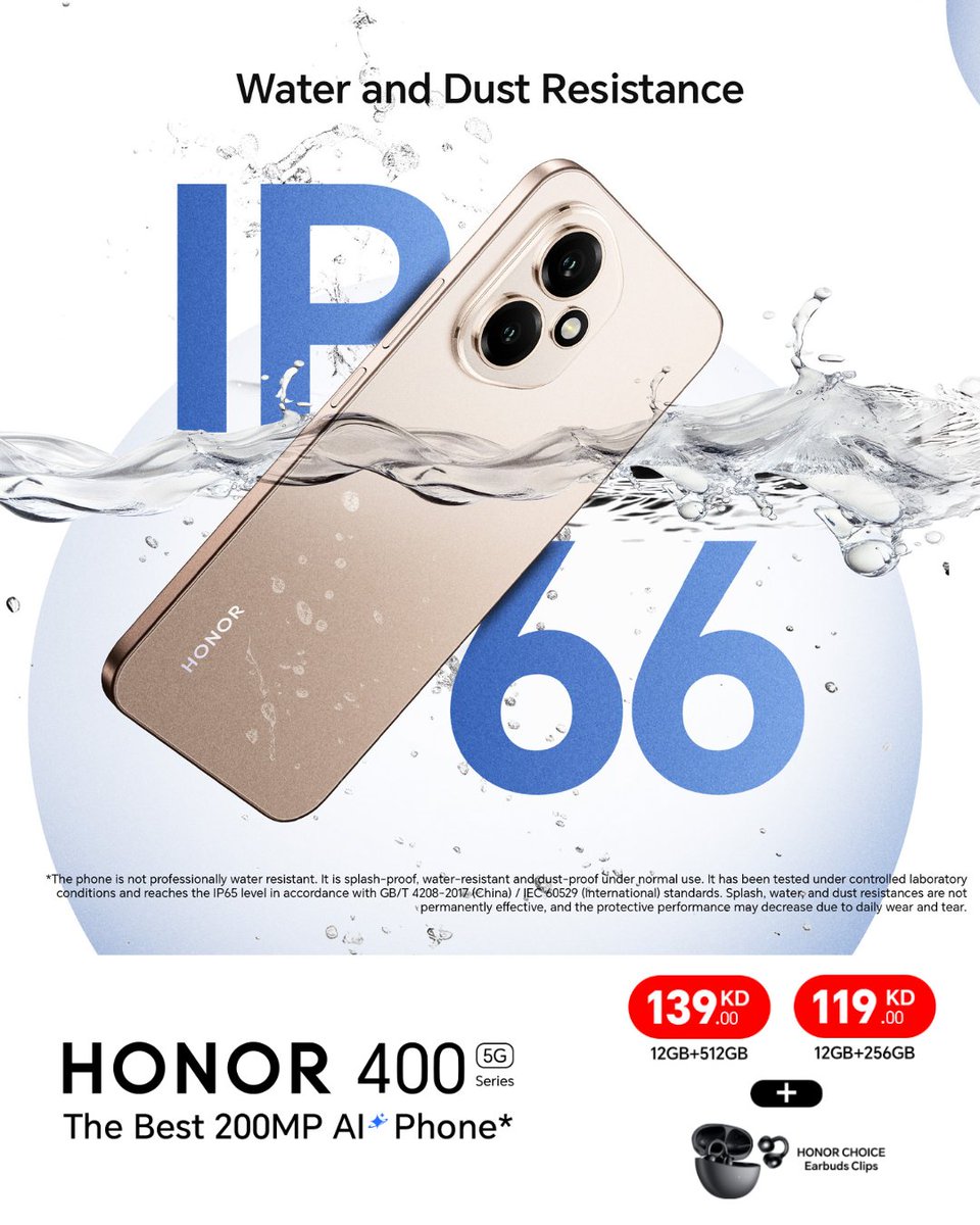 💦 متانة ما توقف!
هاتف HONOR 400 مقاوم للغبار والماء بمعيار IP66، ومصمّم يتحمّل أصعب الظروف. 🔥
ابتداءً من KD 119 مع Earbuds Clips! 🎧

🙋‍♂️ متوفر أونلاين وفي المعارض.