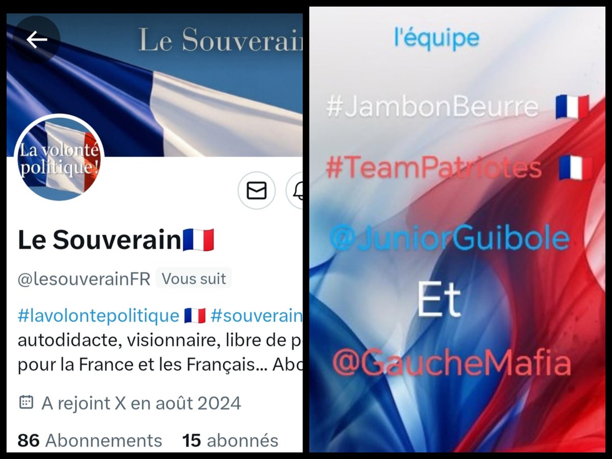 INFO🚨 Merci de partager! 
Mes amis abonnés😉
Ainsi que l'équipe #JambonBeurre #TeamPatriotes 🇨🇵 
Notre ami   <a href="/lesouverainFR/">Le Souverain🇨🇵</a>  👍
Aurait besoin d'un petit coup de pouce pour grossir sa TL!🥳
Merci de vous abonner à lui!🙏
Et n'oubliez pas!😉
Tous ensemble nous sommes plus forts!🇨🇵