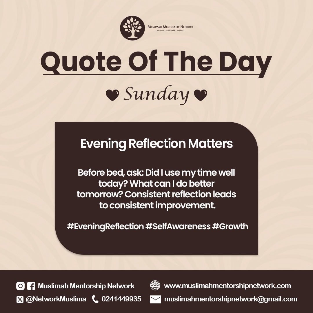 NetworkMuslima's tweet image. Evening Reflection Matters

Before bed, ask: Did I use my time well today? What can I do better tomorrow? Consistent reflection leads to consistent improvement.

#EveningReflection #SelfAwareness #Growth