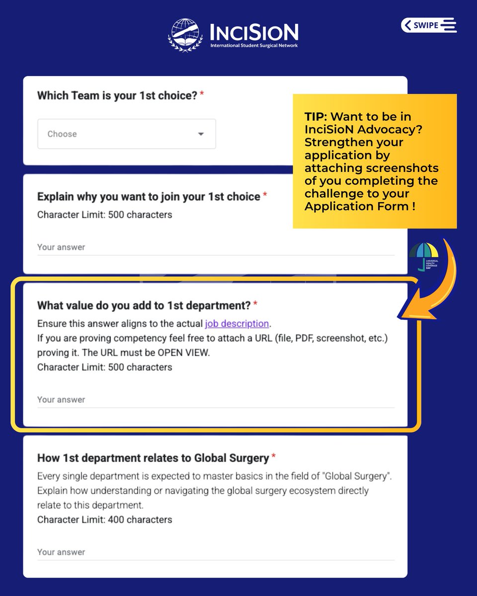 InciSioNGlobal's tweet photo. Want to lead #InciSioN Advocacy?
Tip: Complete the UHC Day Youth Challenge + upload your screenshots to strengthen your application.
Apply by Dec 6:
π https://t.co/gunM2GQb8q
Complete the Challenge by Dec 5:
π https://t.co/FNl3cc81kH
#TheFutureofTheOR @CSOs4UHC https://t.co/jRAXn2Hd5I
