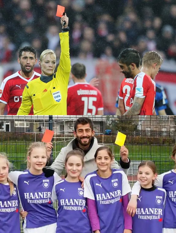 LMDFoot_'s tweet photo. En 2015, une arbitre allemande a expulsé le joueur de Düsseldorf, Kerem Demirbay. Ce dernier lui a alors lancé : « Vous devriez rester en cuisine. » 🟥

L'arbitre a inclus cela dans son rapport et la FIFA l'a suspendu pour 5 matchs.

Dans le cadre de sa punition, Düsseldorf l'a obligé à arbitrer un match de football féminin pour tenter de lui apprendre que le sexisme n'a pas sa place dans le football. ❌