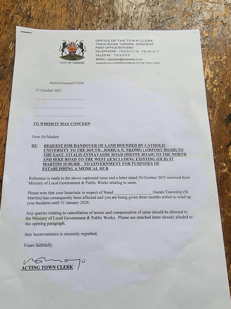 TembaMliswa's tweet photo. SABHUKU'S EYE: Forked Toungue Soiling The Sanctity of The Church

Previously I stated how the St Martins land issue was a flagrant land grab with Council officials being arm twisted through VP Chiwenga's office to take back land which was already sold to 320 residents. 

Here is more evidence of the same!
One is a letter by Acting Town Clerk Mabhena conceding that they indeed sold the land to the 320 residents and they now seek to terminate the agreement due to pressure from VP Chiwenga's office through the Min of Local Gvt! 

The other one is a clear denial of involvement by the Roman Catholic Church through its Bishops. The unequivocal statement is that the Church has "not shown interest and neither have they been offered the land! Hanzi tisiyei hatizive zveland iyoyo!

This makes that winding Charamba statement a carcass of lies and contrived humbug!

As for VP Chiwenga and his meetings with Council officials it becomes sheer abuse of power and office which should be resisted. 

For Harare Council officials they should be aware that any criminal activity, even if compelled by higher offices, remains criminal and will zero on the individual who committed it! Ngozi inoenda pane akaponda kwete akatuma!

Charamba, in sheer windbag style, desperately sought to clothe his lies with dignity by inferences to Mugabe but offered nothing to support the argument of ownership. 

Against the clear paper trail of the 320 residents all he offered were stories about Mugabe's private spiritual zealotry to compensate his personal church with land. That, however, doesn't amount to anything of legal weight. 

Neither does it hoist the Church to a special pedestal in relation to that land as long as there are no papers bequeathing it rights.  

Today the Roman Catholic has distanced itself from the deal and says they have nothing to do with it! They state that they have never shown interest in that land nor have they been offered it! It's a direct rebuttal of Charamba's misguided zealotry for his political faction. 

Secondly, how can someone froth that land belongs to the Roman Catholic Church, deducting ownership from the innocent name tag of St Martins, which is actually a neighbouring community? Otherwise this is simply land in the vicinity of the actual St Martins!

Corruption will always flourish as long as we have an unprincipled population that affixes tags of corruption only on those they hate and defend their political darlings even when they are weighed down by the stench of corruption. 

I have been on the campaign trail against corruption long before VP Chiwenga and have nothing against him personally. All that I have insisted on, is sincerity and not a forked tongue that peddles an anti-corruption campaign and yet engineers the same in secret. I raised the same issue when the alleged dossier of corrupt individuals went around; how it was nothing more than a political stunt by a panicking politician who saw Tagwirei as a rival to block. 

Once the gimmick failed to block the ascension, it was discarded because the agenda was never about corruption!

The Roman Catholic has now distanced itself from that land and it's clearly being abused by people with ulterior agendas. Isn't this corruption when a Church's name is dragged to try and swindle land from its rightful owners? What does that make of characters like Charamba who manufacture stories in defence of criminality? These are specific examples that betray the factional outlook of characters who, instead of advancing national interests, are actually courting favour from those they are priming for a putschist grab of power.

We raise these kinds of issues for the next person because how many other such deals are going on in the shadows? What happens to those who have no access to protection and suffer under the weight of abused offices and powers. 

An inquiry should be done to look into all these issues and characters.